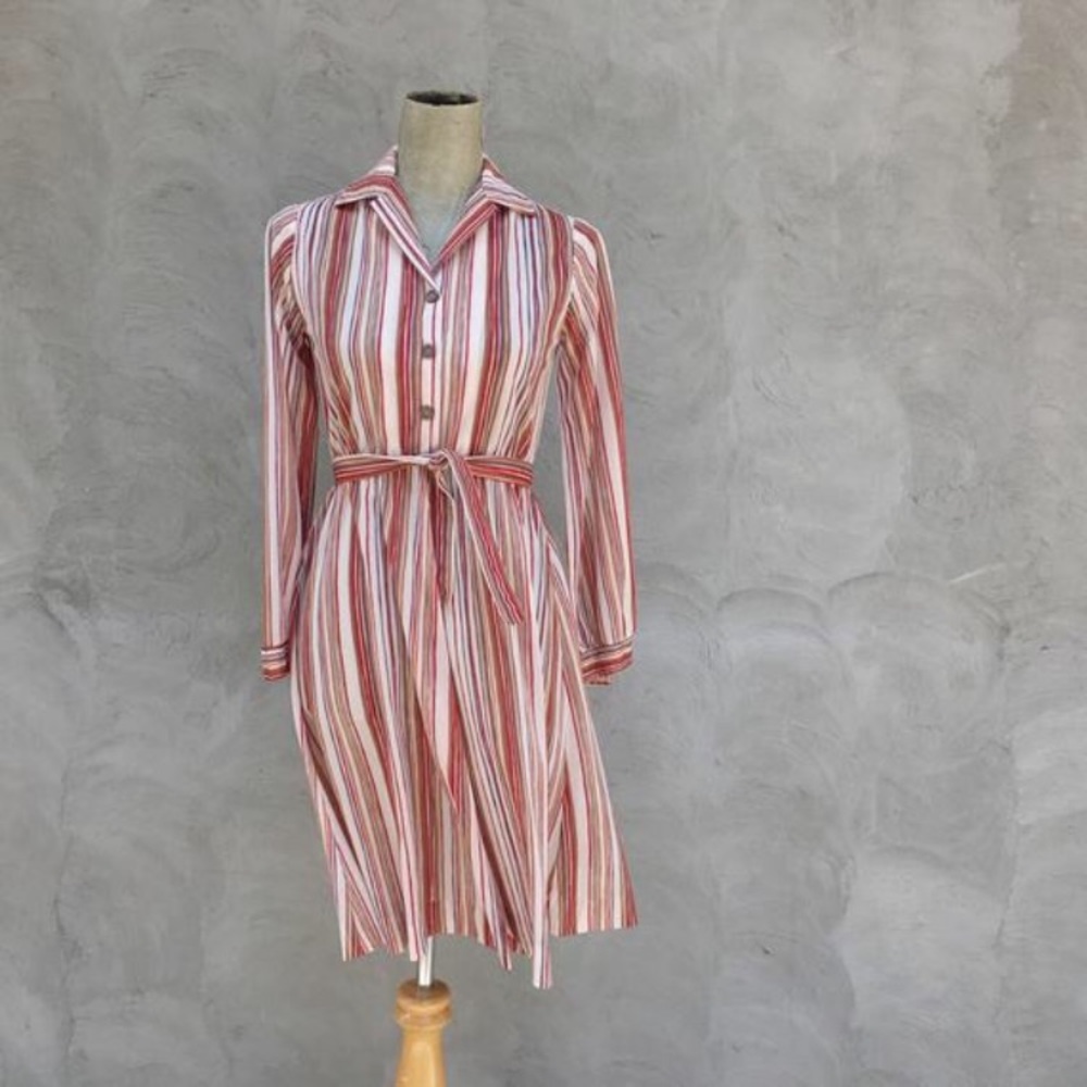 1970s Striped Belted Shirt Waist Dress (XS/S)